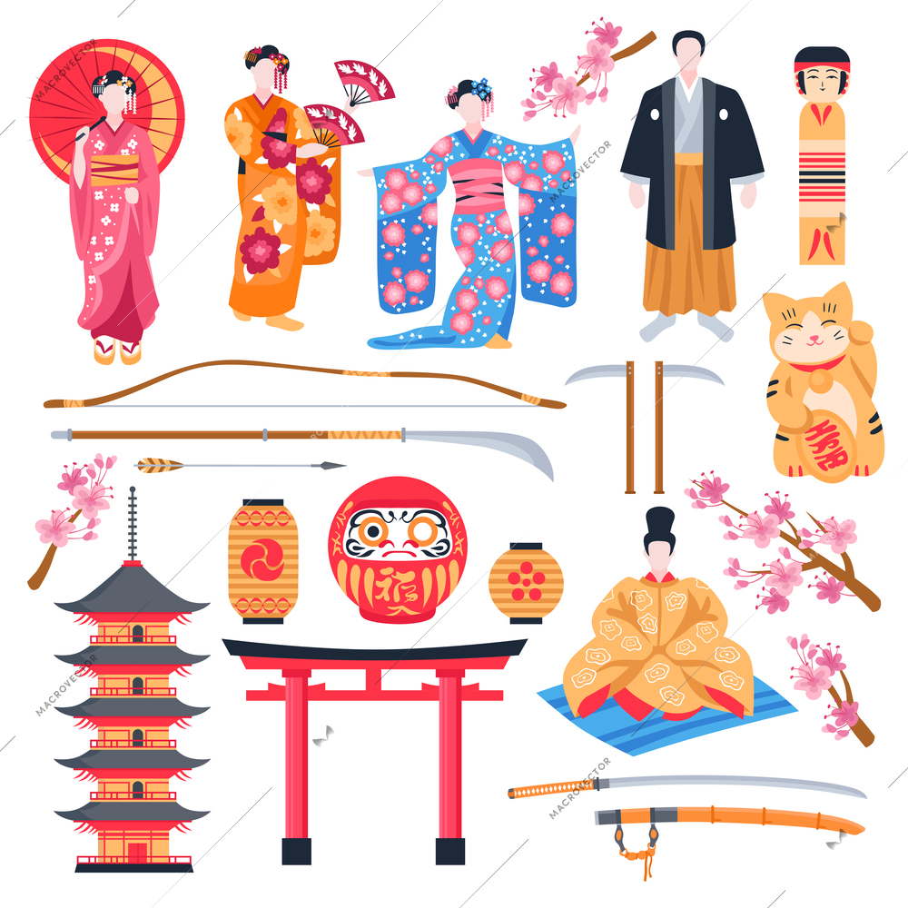 Ancient japan culture flat icons set with gate pagoda temple maneki neko talisman geisha isolated vector illustration