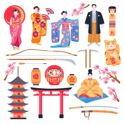 Ancient japan culture flat icons set with gate pagoda temple maneki neko talisman geisha isolated vector illustration