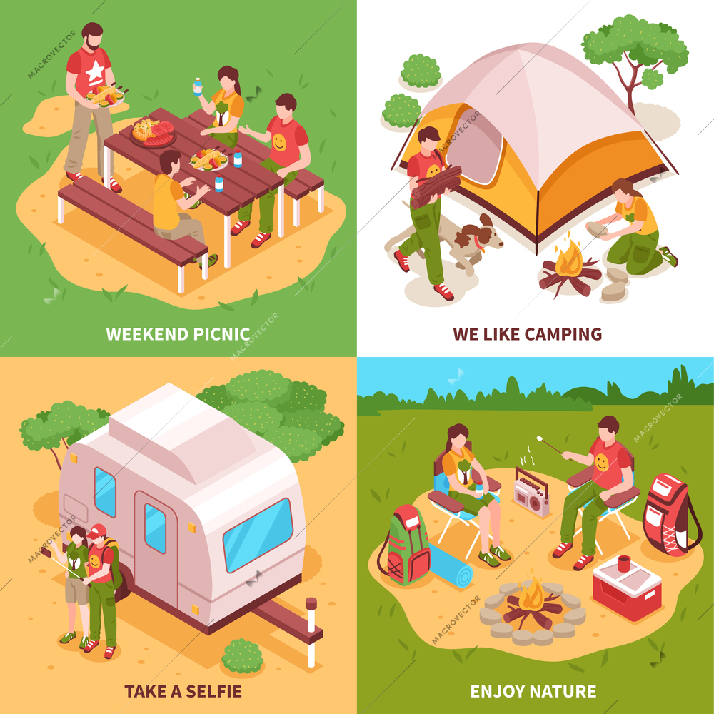 Expedition 4 isometric icons square concept with camping tent caravan picnic in meadow selfie isolated vector illustration