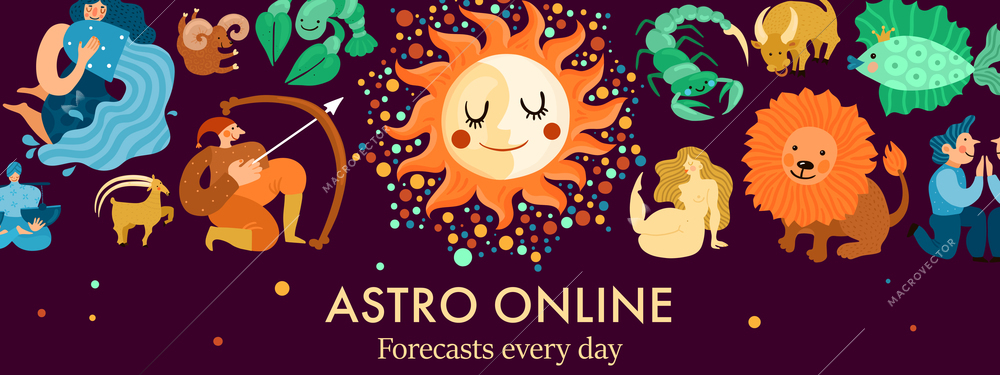 Zodiacal signs, sun and moon header for astro online forecasts on black background vector illustration