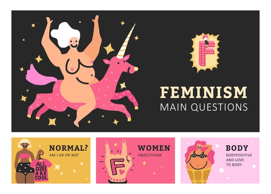 Feminism set of horizontal banners with symbol and gesture, female freedom, movement body positive isolated vector illustration