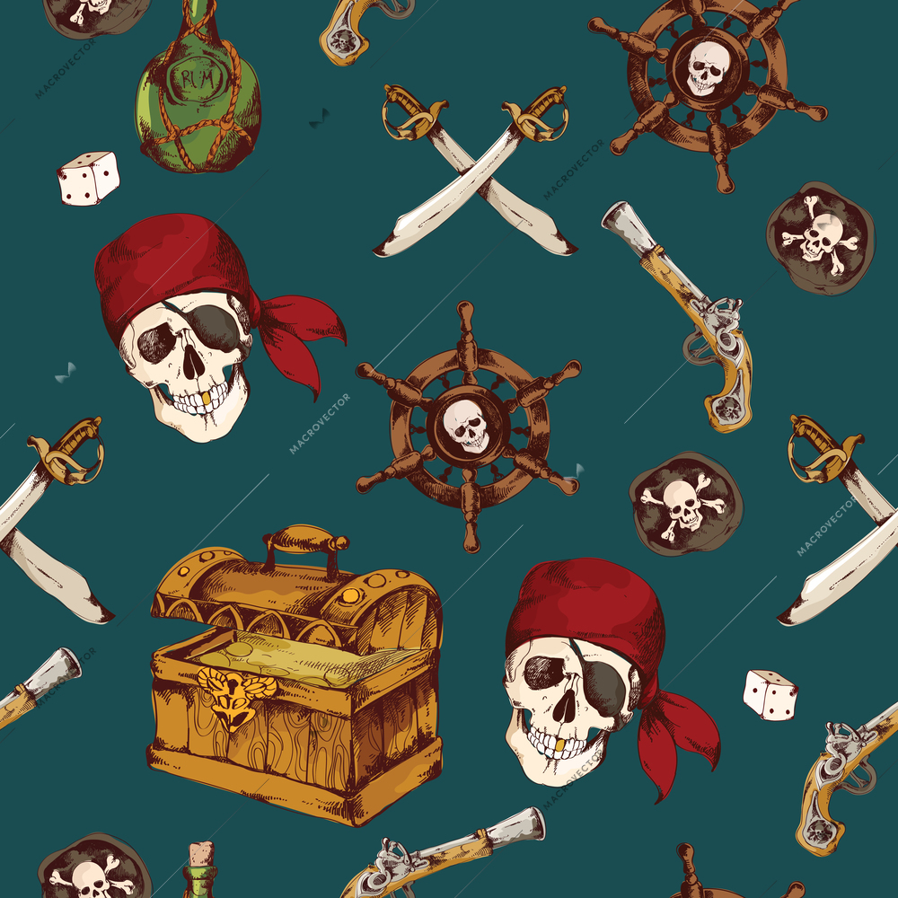 Hand drawn colored pirates seamless pattern with dices skull saber vector illustration