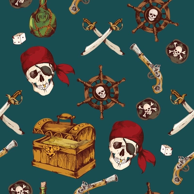 Hand drawn colored pirates seamless pattern with dices skull saber vector illustration