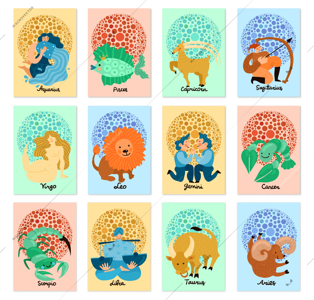 Set of vertical cards with hand drawn zodiac signs isolated on pastel background vector illustration