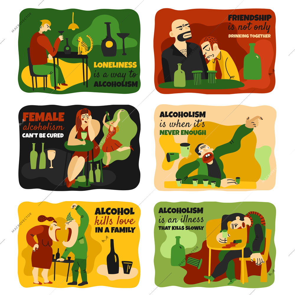 Alcohol addiction cards set with alcoholism symbols flat isolated vector illustration