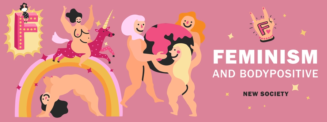 Feminism and body positive header on pink background with gesture, symbol, naked women hand drawn vector illustration