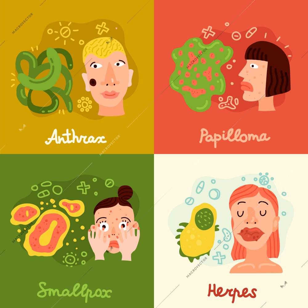 Human viruses concept icons set with smallpox and papilloma symbols flat isolated vector illustration