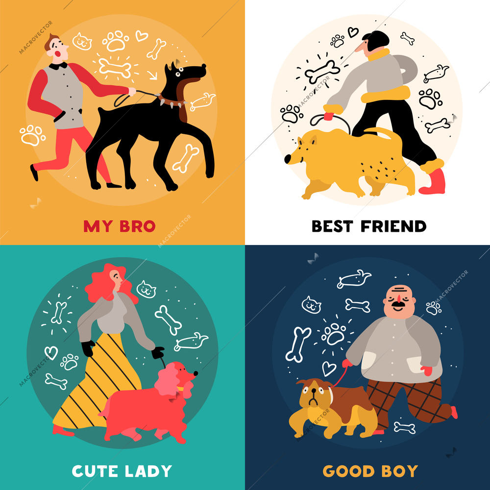 Dog owners design concept with best friend, cute lady with poodle, good boy, doberman isolated vector illustration