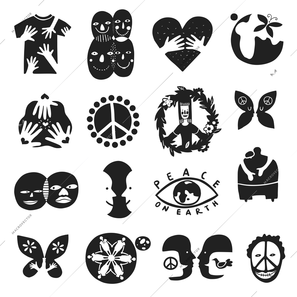 Set of monochrome international friendship symbols with peace sign, brother, children of earth, equality isolated vector illustration