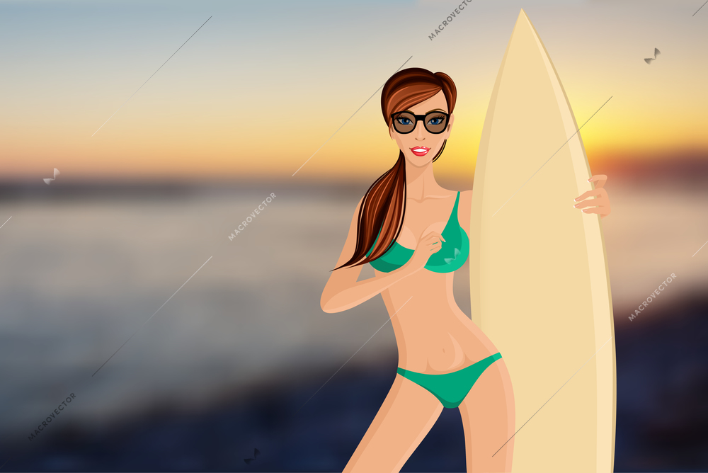 Young fit happy surfer girl in bikini with surfboard portrait on seashore background vector illustration