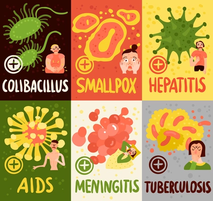 Human viruses cards set with meningitis and smallpox symbols flat isolated vector illustration