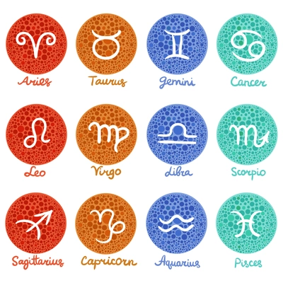 Set of zodiac symbols on colored textured circles with inscriptions isolated on white background vector illustration