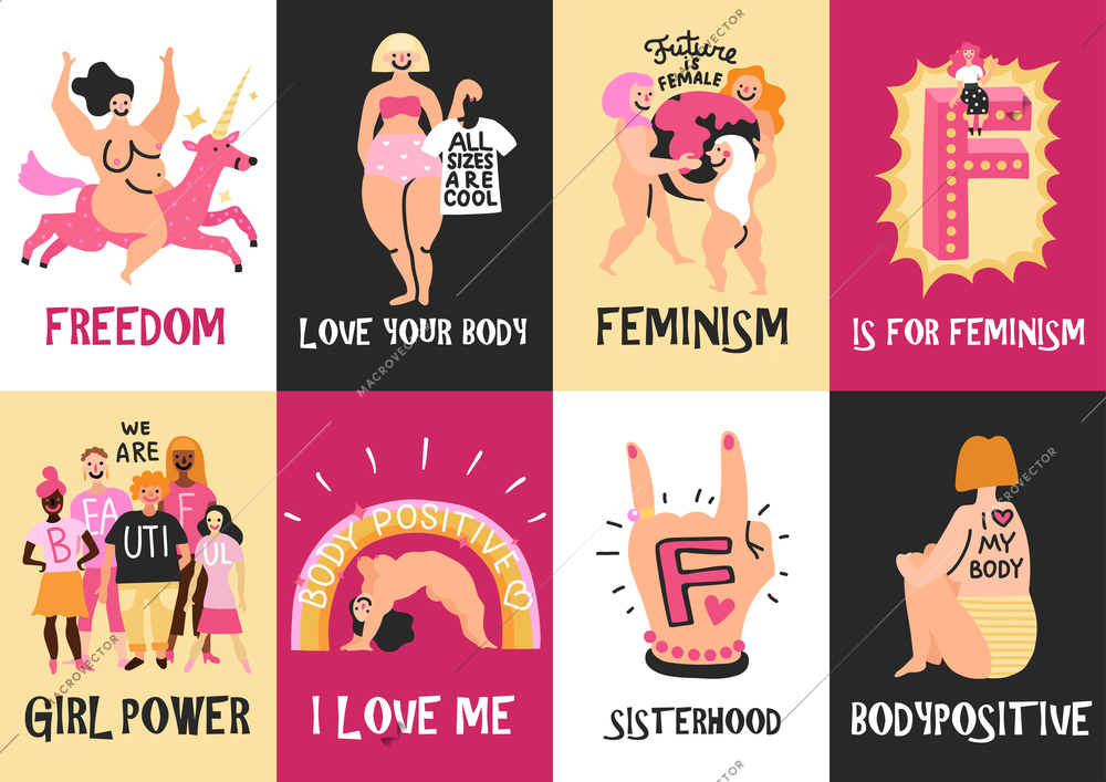 Feminism body positive vertical cards with love to own figure, female freedom, girl power isolated vector illustration