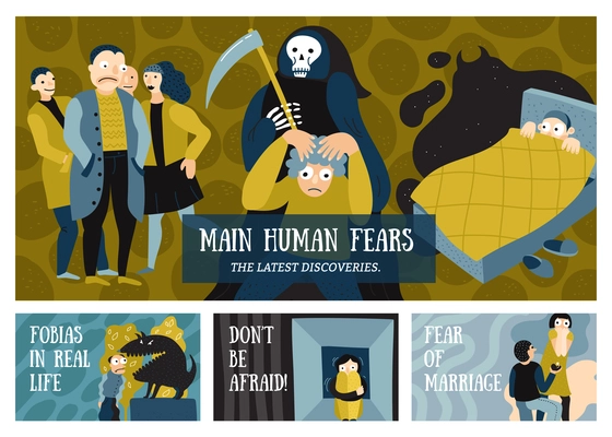 Human fears horizontal banners set with phobias symbols flat isolated vector illustration