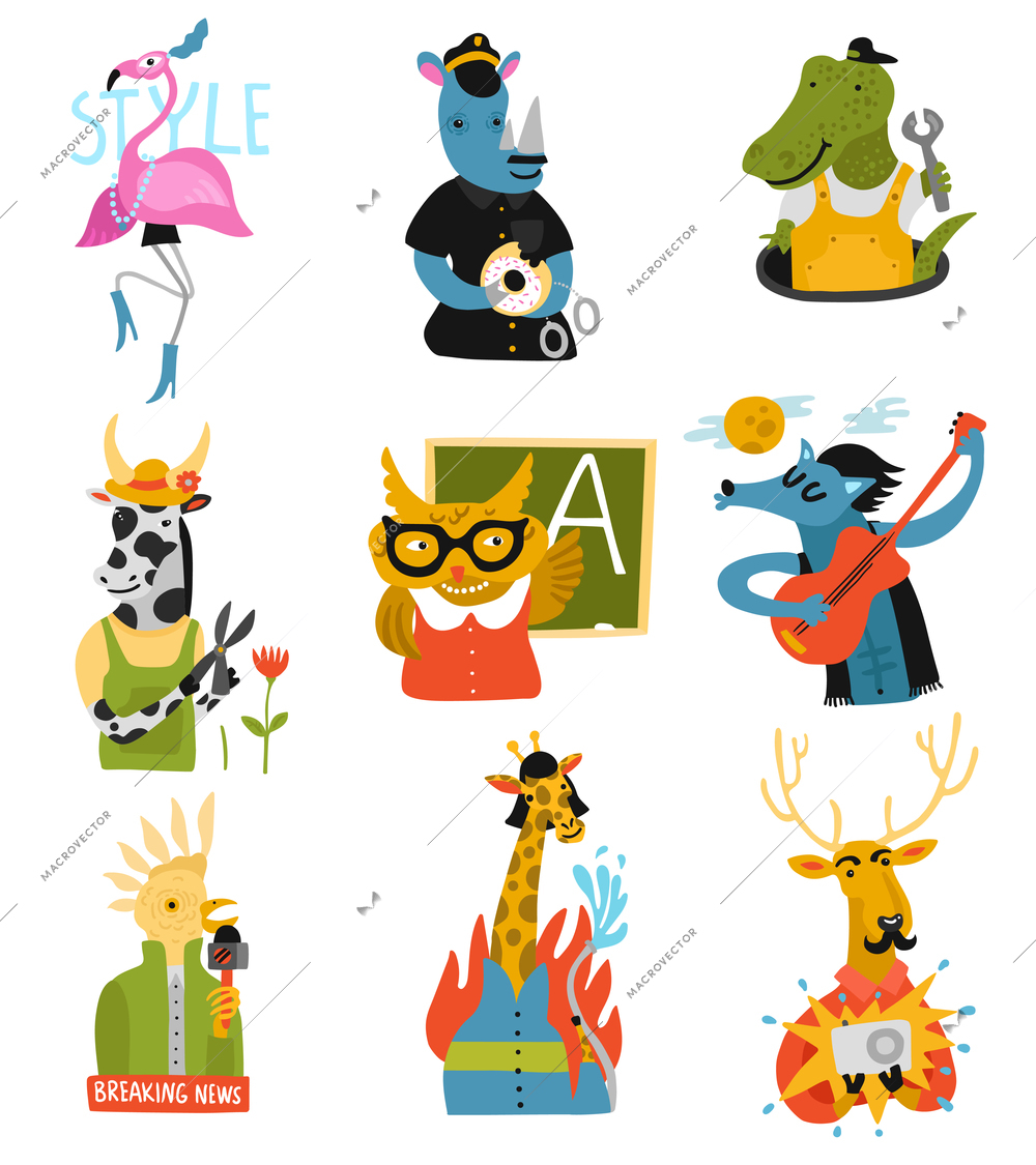 Humanized animals of different professions set with owl teacher, rhino policeman, giraffe fire fighter isolated vector illustration