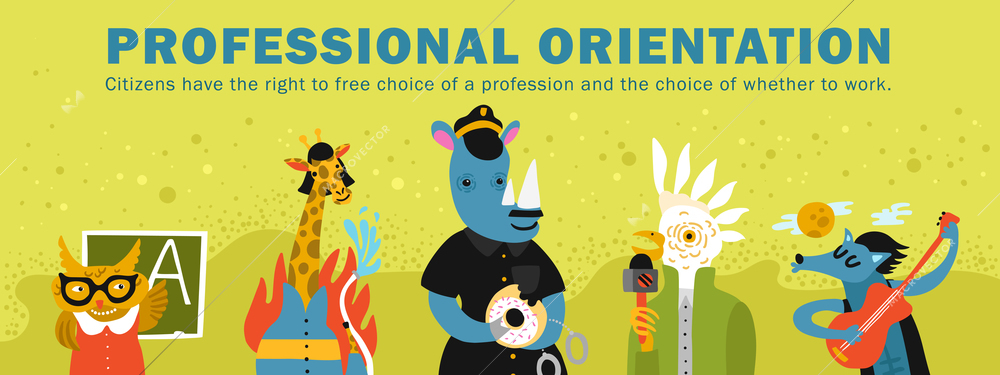 Professional orientation header on green background with humanized animals including parrot journalist, giraffe fire fighter vector illustration