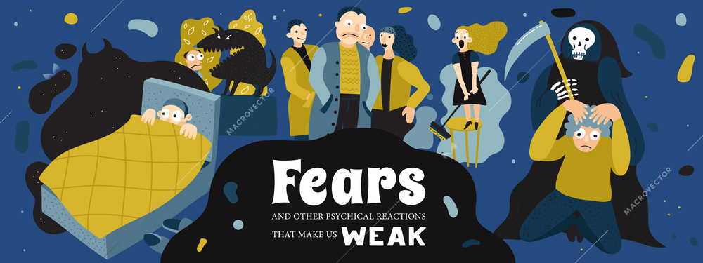 Human fears poster with nightmare and phobia symbols flat vector illustration