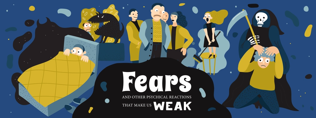 Human fears poster with nightmare and phobia symbols flat vector illustration