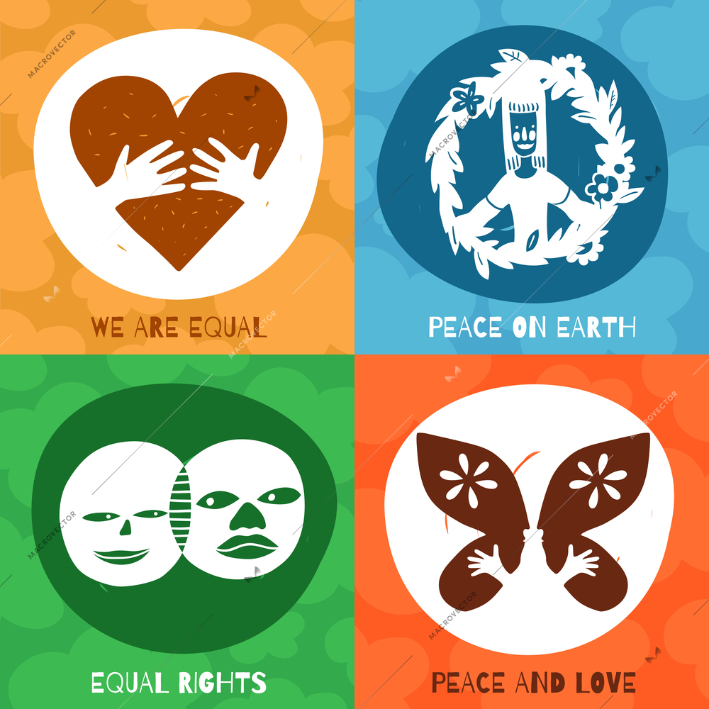 International friendship symbols design concept with equal rights, peace and love on earth isolated vector illustration