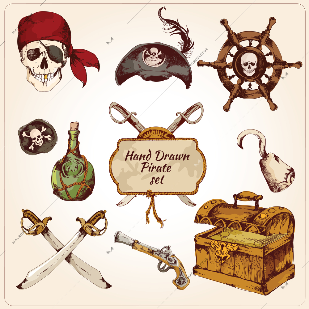 Hand drawn colored pirates decorative icons set of gun hook sword isolated vector illustration