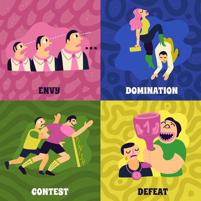 Competitive concept icons set with envy and domination symbols flat isolated vector illustration