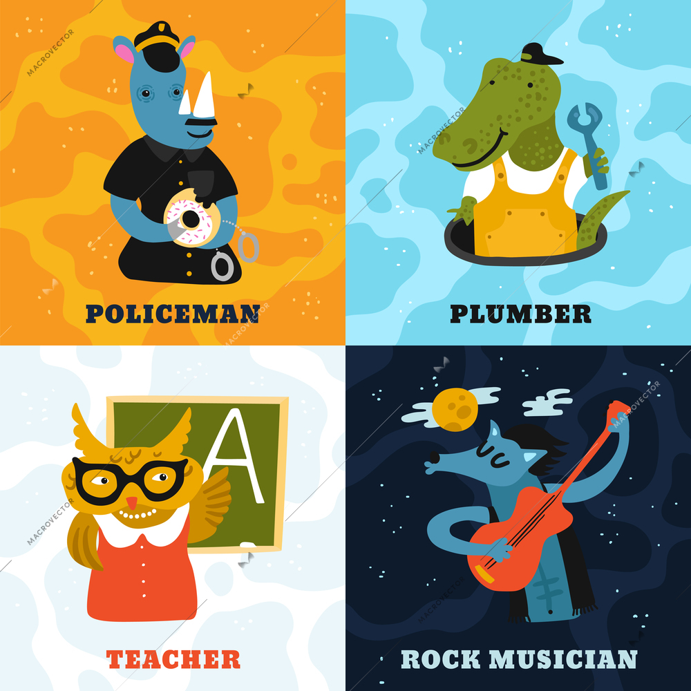 Humanized animals different professions concept with owl teacher, rhino policeman, crocodile plumber, wolf musician isolated vector illustration