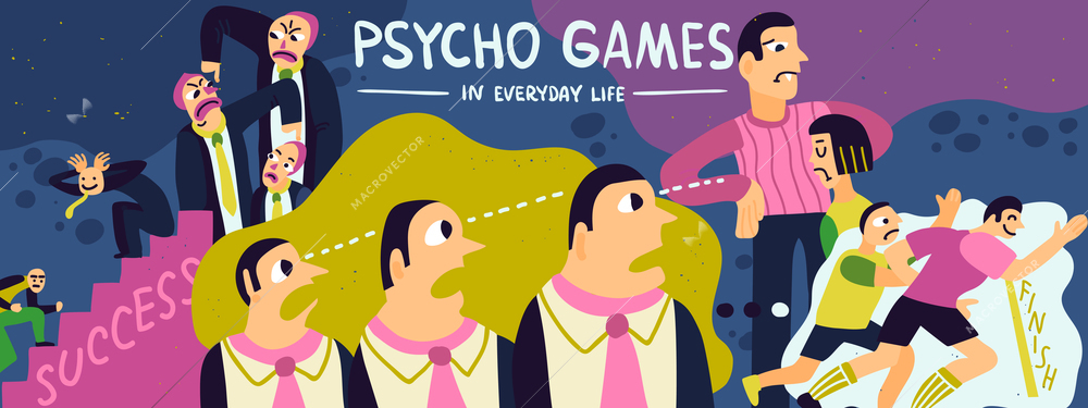 Psycho games poster with success work and life symbols flat vector illustration