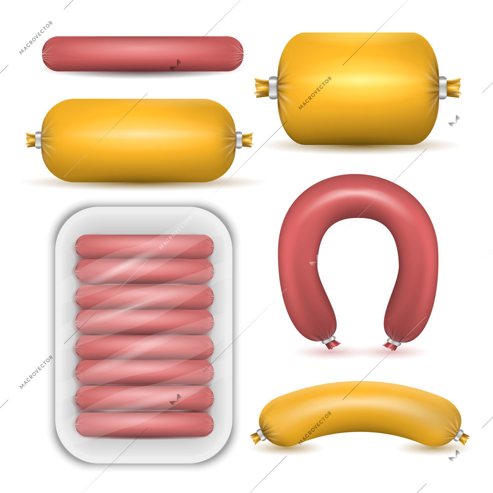 Colored set of package sausage products in realistic style on white background isolated vector illustration