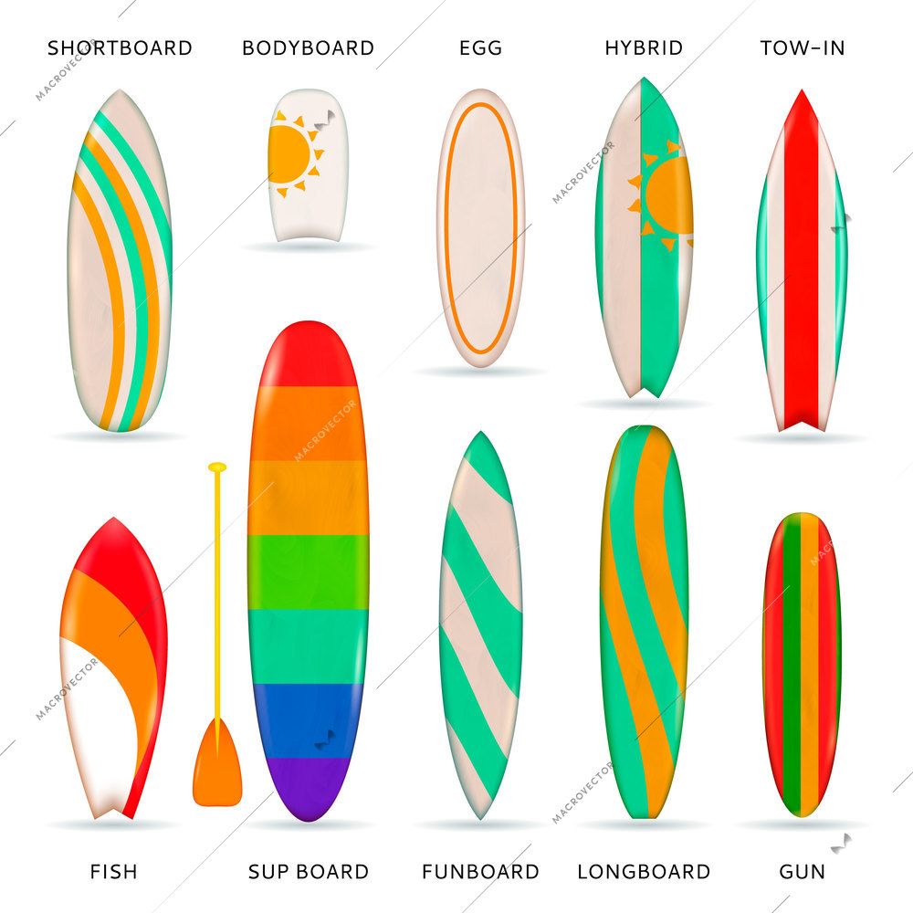 Surfboards colored realistic collection of different models designs and sizes with description isolated vector illustration