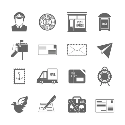 Post service icon black set with logistics shipping and packaging elements isolated vector illustration
