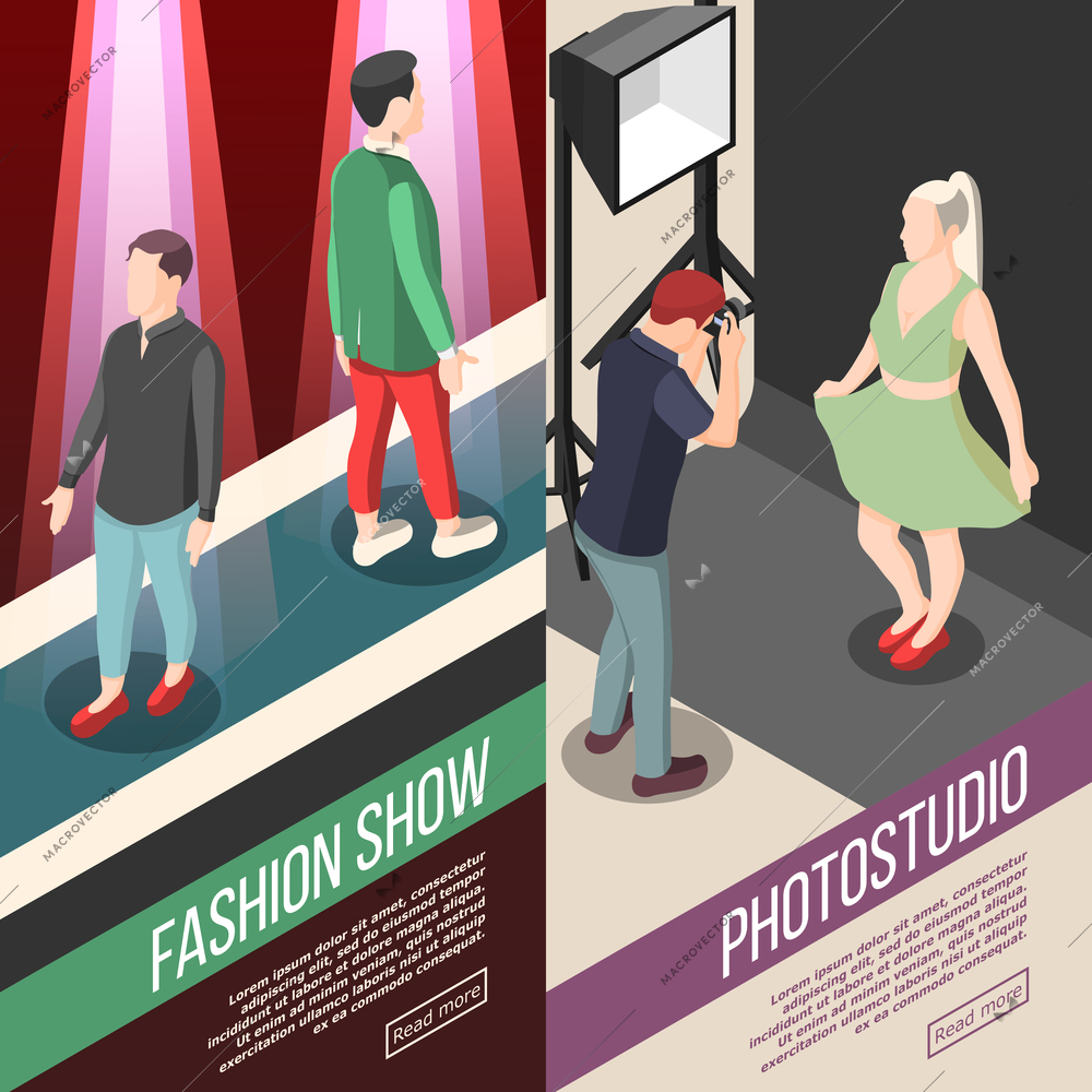 Fashion industry vertical isometric banners with men models on podium and photo studio isolated vector illustration