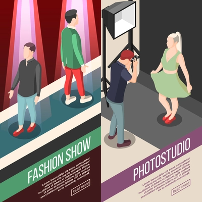 Fashion industry vertical isometric banners with men models on podium and photo studio isolated vector illustration