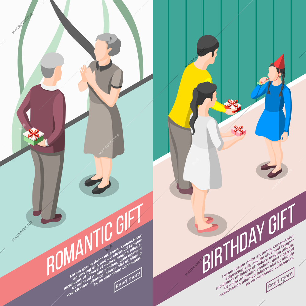 Set of vertical isometric banners people with gifts during romantic meeting and birthday congratulation isolated vector illustration