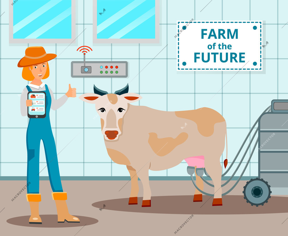 Dairy farm of future design concept with cow and operator of automatic milking flat vector illustration