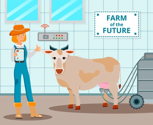 Dairy farm of future design concept with cow and operator of automatic milking flat vector illustration