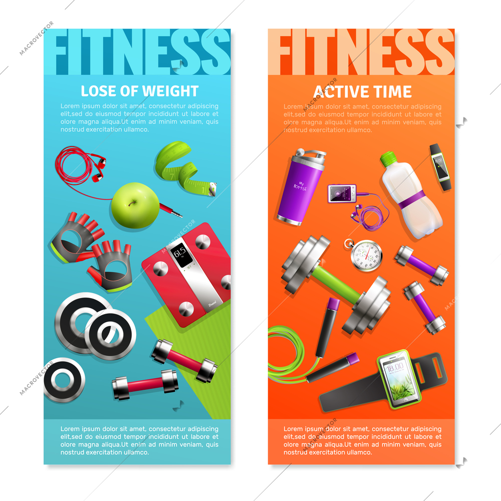 Fitness gym vertical banners set with active time symbols realistic isolated vector illustration