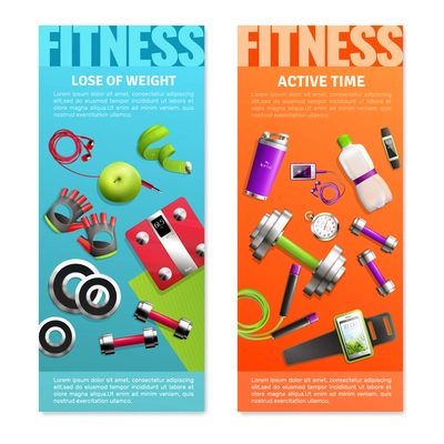 Fitness gym vertical banners set with active time symbols realistic isolated vector illustration