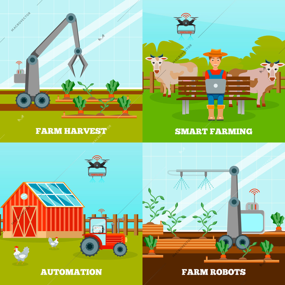 Smart farming 2x2 design concept with farm robots for growing vegetables and harvesting with wireless control flat vector illustration