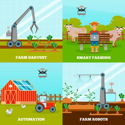 Smart farming 2x2 design concept with farm robots for growing vegetables and harvesting with wireless control flat vector illustration