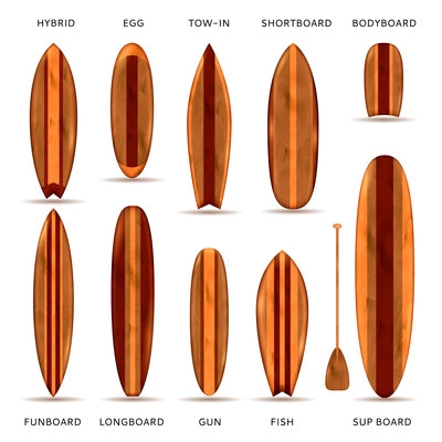 Realistic set of surfboards with wooden texture and model name description isolated vector illustration