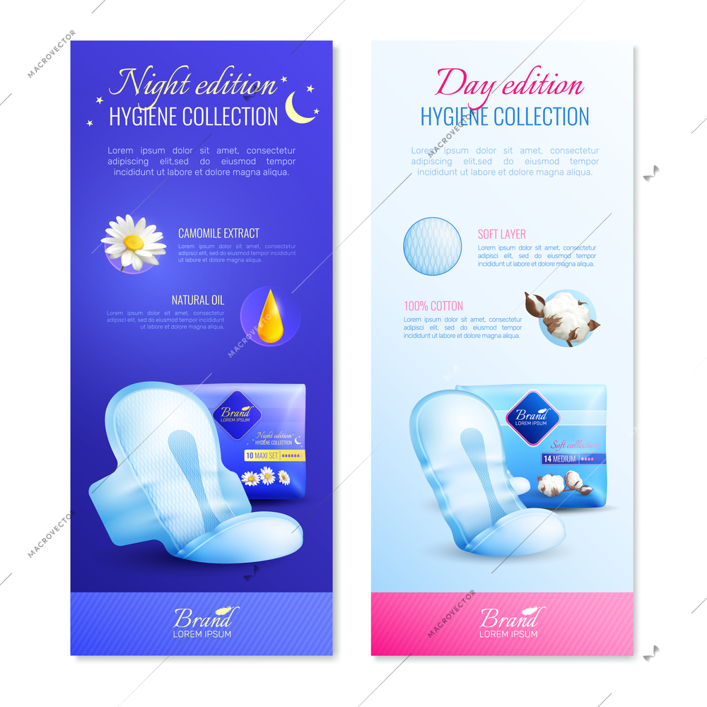 Feminine hygiene vertical realistic banners set with hygiene collection symbols isolated vector illustration