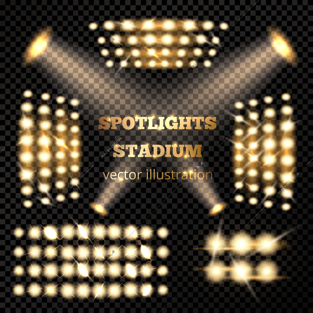 Stadium spotlights gold set with soffits and emitters on dark transparent background realistic isolated vector illustration