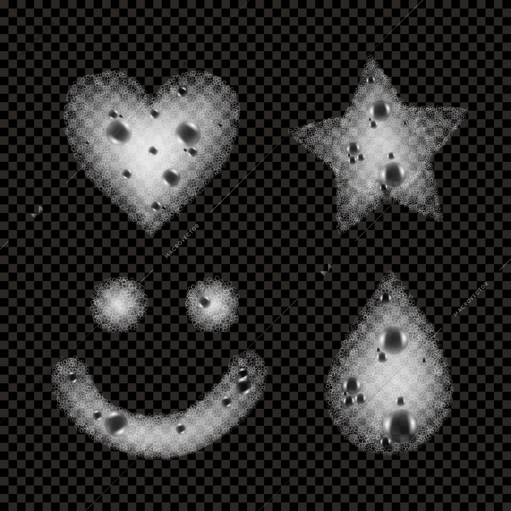 Soap foam monochrome set with white sudsy elements in shapes of heart star smiley droplet on dark transparent background isolated vector illustration