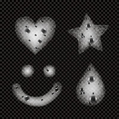 Soap foam monochrome set with white sudsy elements in shapes of heart star smiley droplet on dark transparent background isolated vector illustration