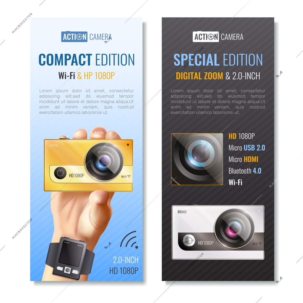 Action camera vertical banners set with compact edition symbols realistic isolated vector illustration