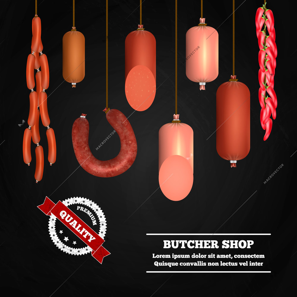 Butcher shop realistic composition with premium quality stamp and set of meat products on black background vector illustration