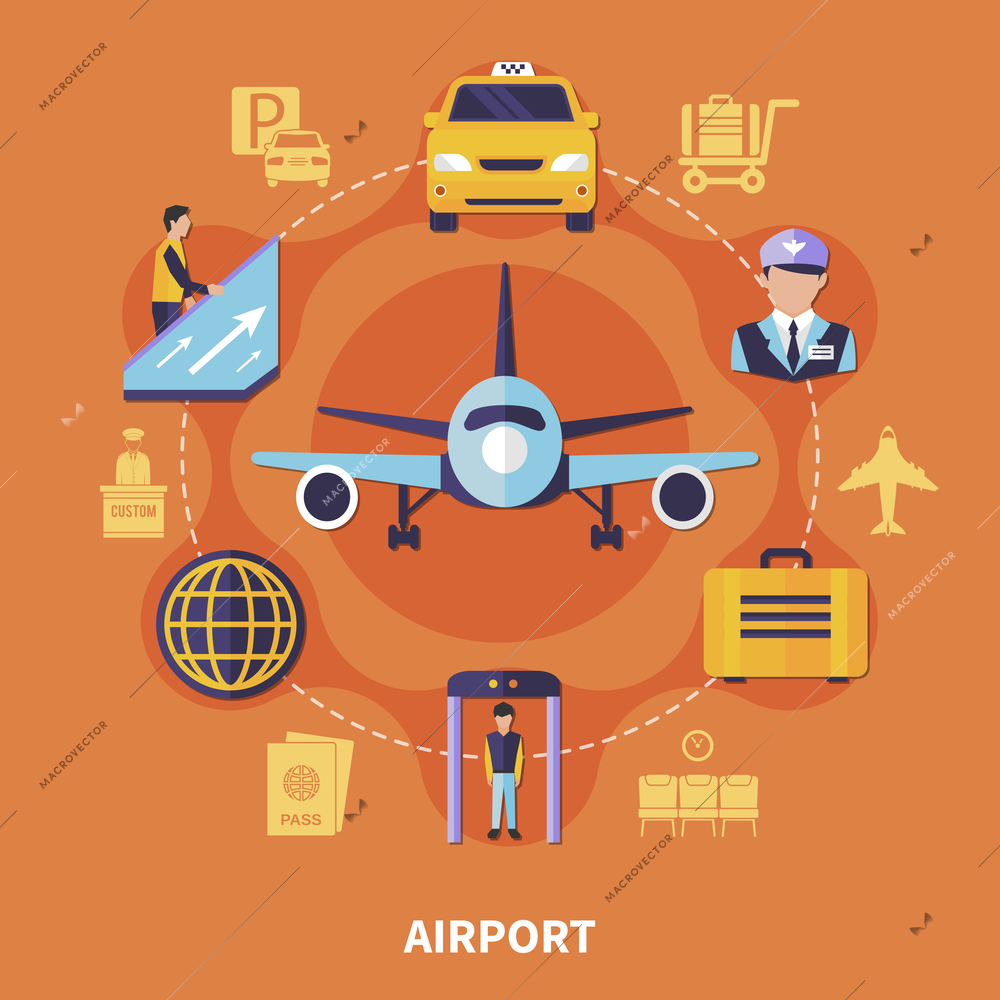 Airport concept with plane luggage taxi steward on orange background flat vector illustration