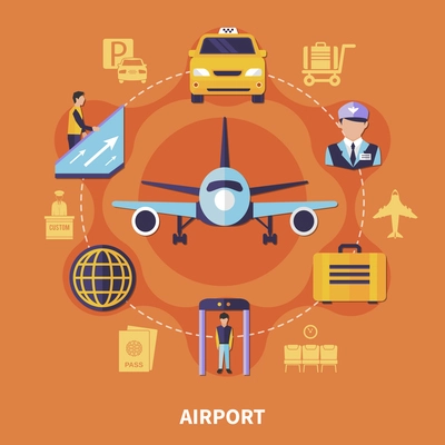 Airport concept with plane luggage taxi steward on orange background flat vector illustration