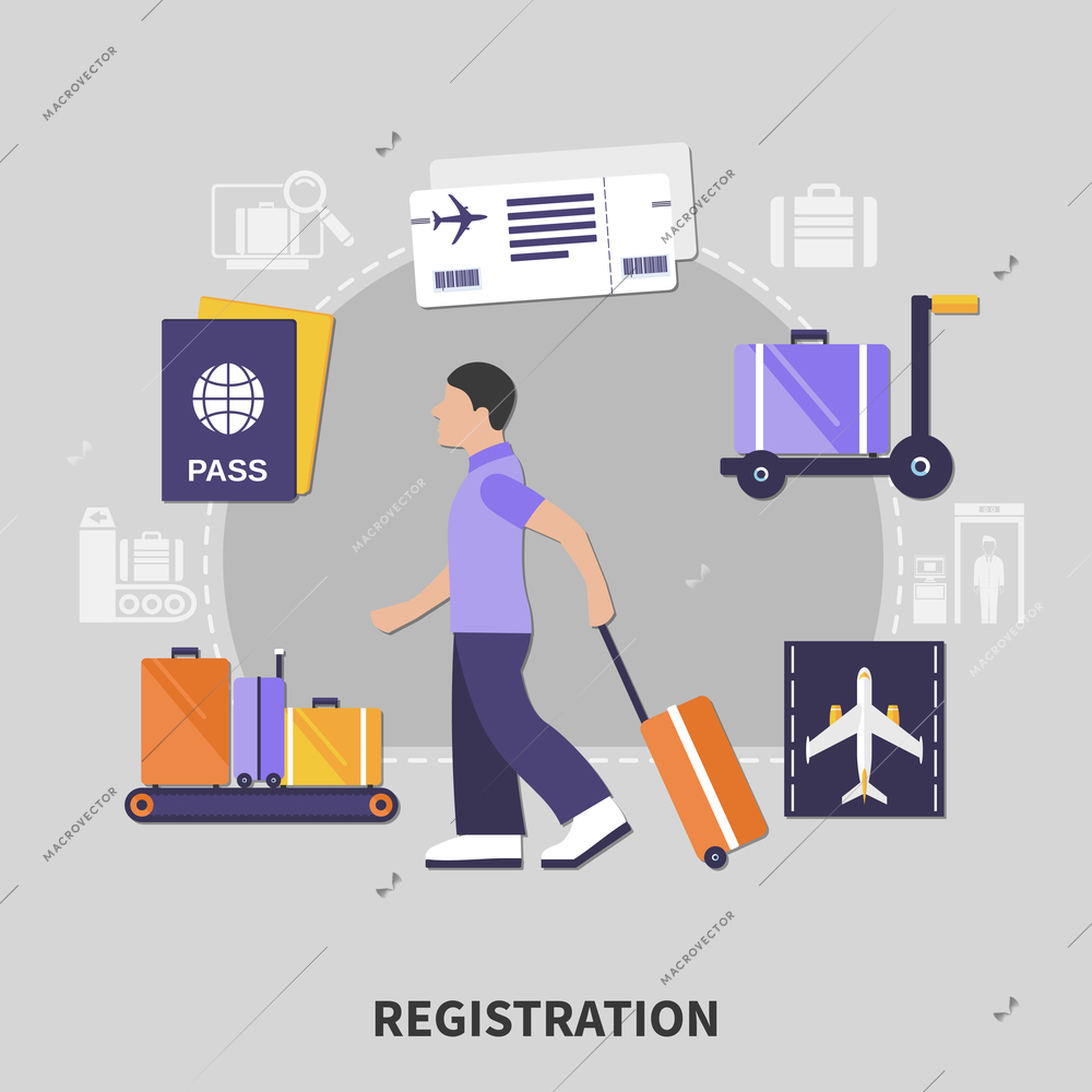 Flat design airport registration concept with man and his luggage vector illustration