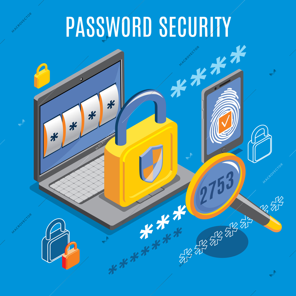 Password security  background with unlocked notification on laptop screen and fingerprint button on smartphone isometric vector illustration